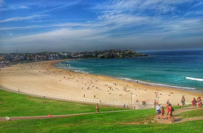 High angle view of tourists on beach