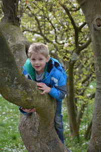 Portrait of boy smiling by tree
