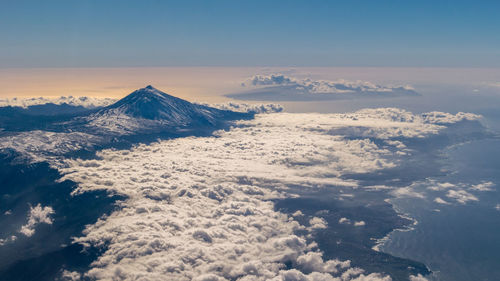 Aerial view of snowcapped mountains against sky