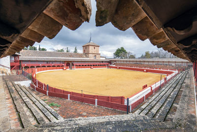 High angle view of old building against sky