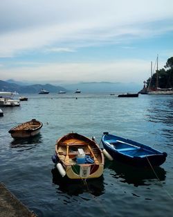 Boats moored on sea against sky