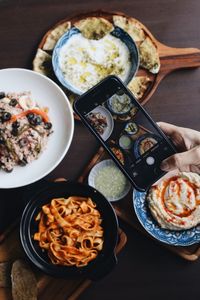 High angle view of breakfast served on table