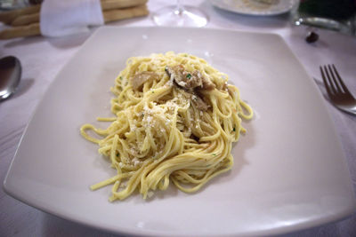 Close-up of pasta in plate on table
