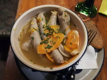 High angle view of soup in bowl on table