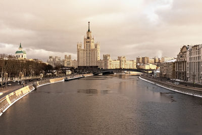 City view of the moskva river in winter.house on kotelnicheskaya embankment.tourism in russia.