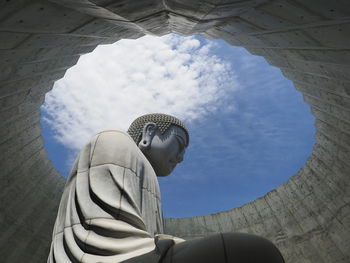 Low angle view of buddha statue against sky