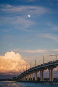 Bridge over river against sky at sunset