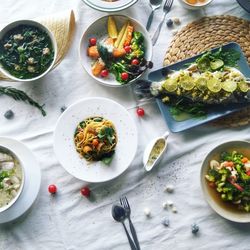 High angle view of breakfast served on table