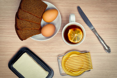 High angle view of breakfast on table