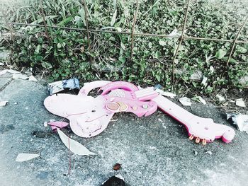 High angle view of shoes on pink board