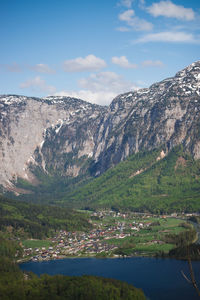 Scenic view of lake by mountains against sky