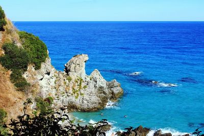 Scenic view of sea against clear blue sky