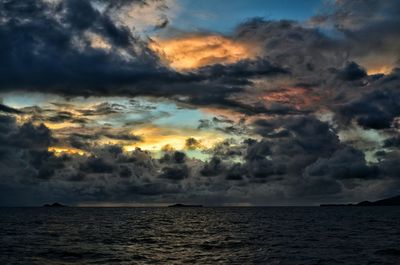 Scenic view of sea against dramatic sky