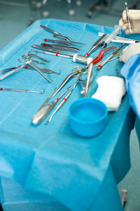 High angle view of objects on table