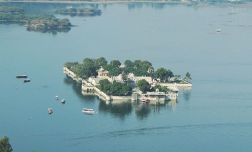 High angle view of boats in bay