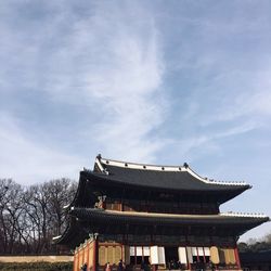 Low angle view of pagoda against sky