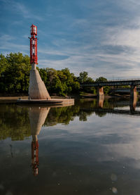 Reflection of lighthouse on lake against sky