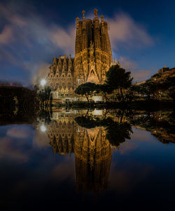 A frontal view of sagrada familia's nativity facade at night and it's reflection in a nearby pond