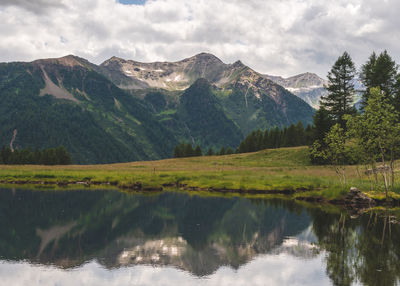 Scenic view of lake and mountains against sky