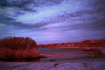 Scenic view of lake against cloudy sky