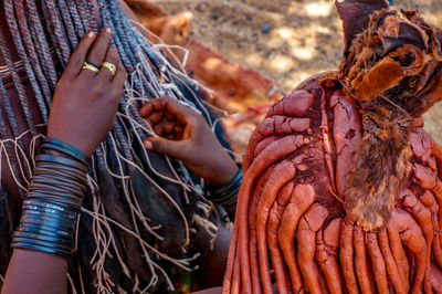 Rear view of himba woman with traditional hair dress