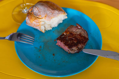 High angle view of breakfast on table