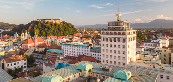 High angle view of buildings in city