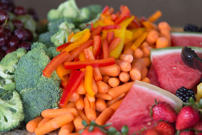 Close-up of various chopped vegetables with fruits