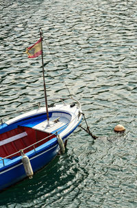 High angle view of sailboat moored in sea