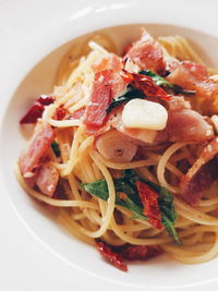 Close-up of pasta served in plate