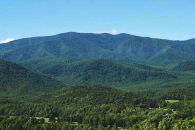 Low angle view of green mountains against sky on sunny day