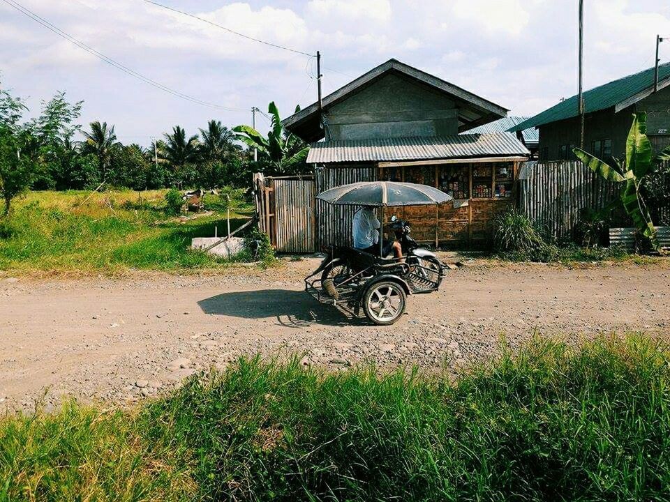 grass, built structure, building exterior, architecture, house, sky, field, plant, tree, growth, grassy, abandoned, absence, day, sunlight, no people, outdoors, bicycle, nature, transportation