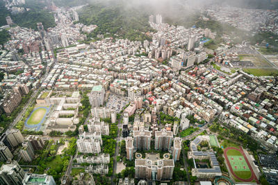 High angle view of tree and buildings in city