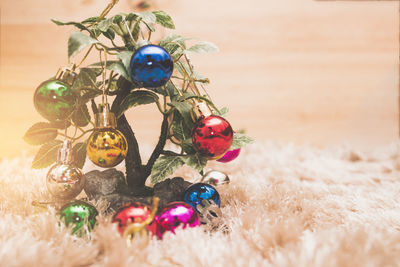 Close-up of christmas decoration on table