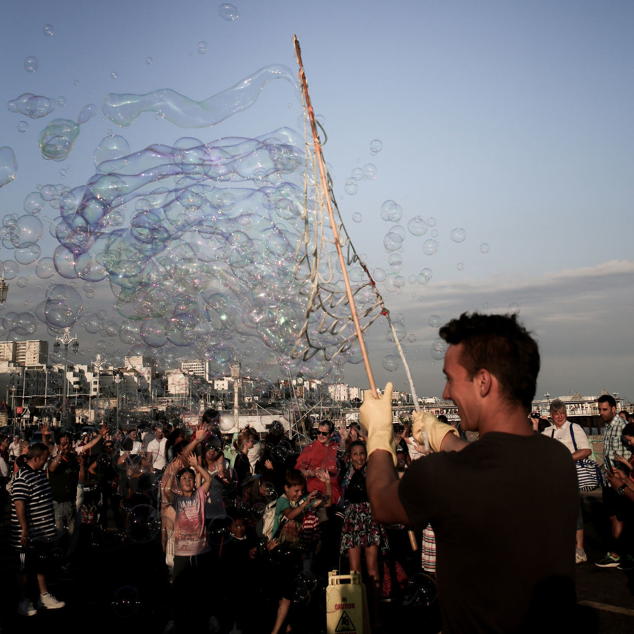 Man blowing bubbles