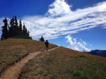 Rear view of hiker walking on footpath against sky