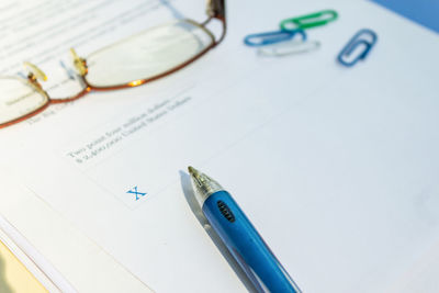 High angle view of pen on table