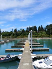 Sailboats moored in swimming pool by lake against sky