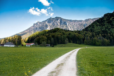 Country road amidst grassy field against mountains