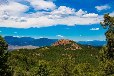 Scenic view of mountains against blue sky