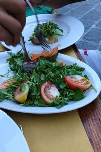 High angle view of salad in plate on table