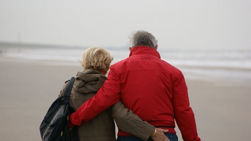 Rear view of couple on beach