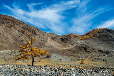 Scenic view of rocky mountains against blue sky