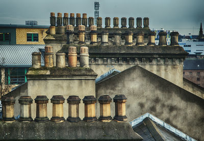 A stack of victorian era chimneys on buildings in newcastle upon tyne