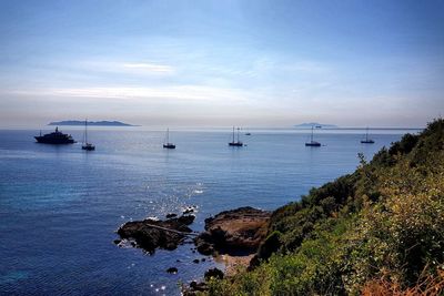 Sailboats on sea against sky