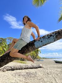 Low angle view of hand holding tree trunk against sky
