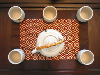 High angle view of tea cup on table