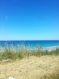 Scenic view of sea against clear blue sky