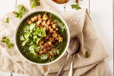 High angle view of salad in bowl on table