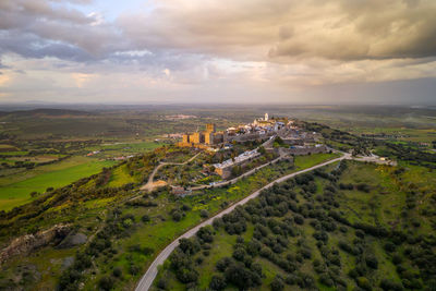 Monsaraz drone aerial view in alentejo at sunset, in portugal